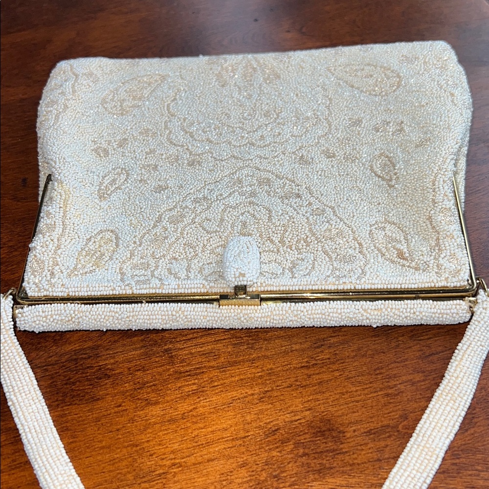 Vintage Intricately Beaded Evening Bag Cream Beige Gold Seed Bead Paisley Bird - Picture 12 of 16